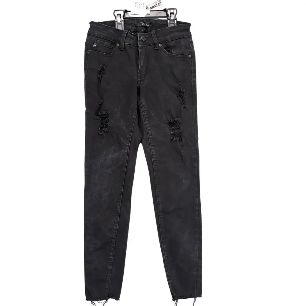 Kancan June Low Rise Ankle Skinny Black Jeans, Raw Hem, Distressed,‎ Size 5/26